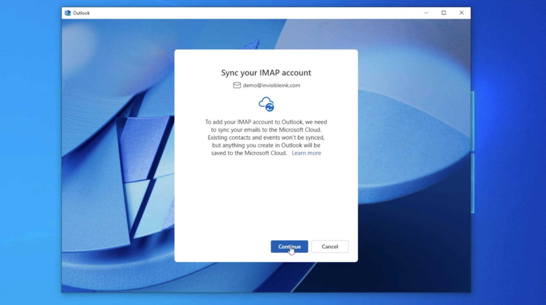 Step 4: Click Continue again to Sync your IMAP account to Microsoft Cloud. This appears to be a required step with New Outlook.