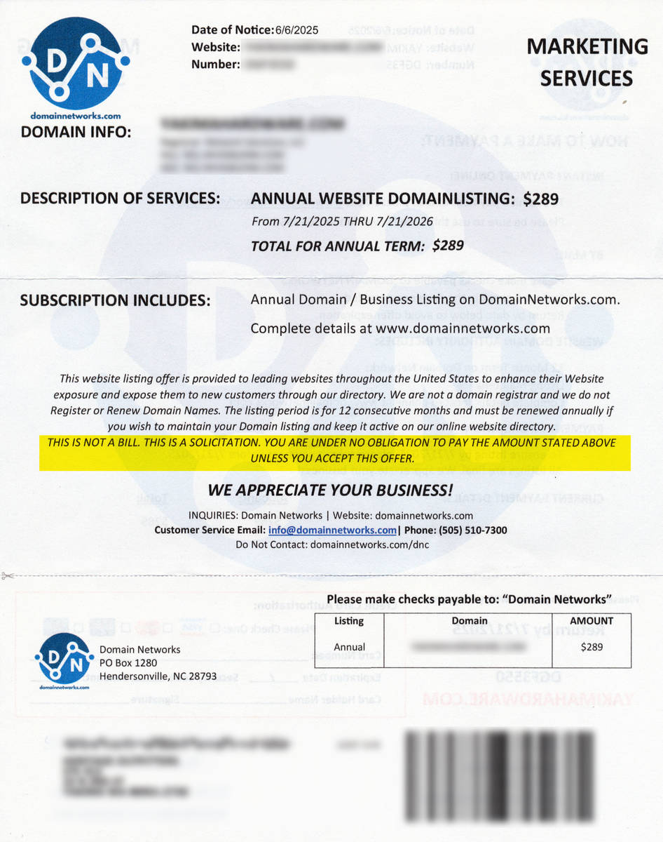 Domain Networks Scam Invoice