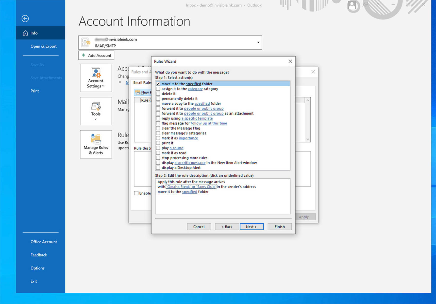 In Step 1, select “delete it”. If you want to double-check filtered mail before it’s deleted, choose “move it to the specified folder”, then use Step 2 to choose a specified folder. Click Next to proceed.