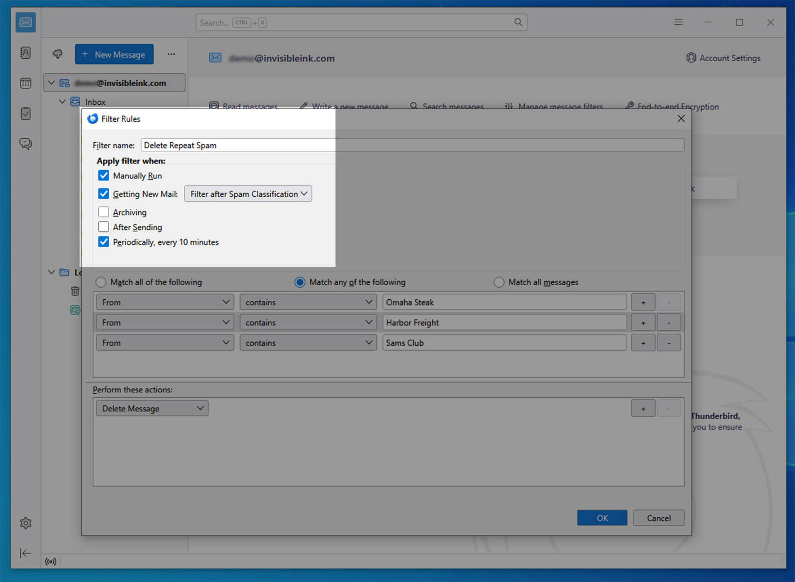 Give your filter a name (e.g. Delete Repeat Spam). Change Getting New Mail selection from “Filter Before Spam Classification” to “Filter After Spam Classification”. To make the filter run automatically, check the box next to “Periodically, every 10 minutes”.