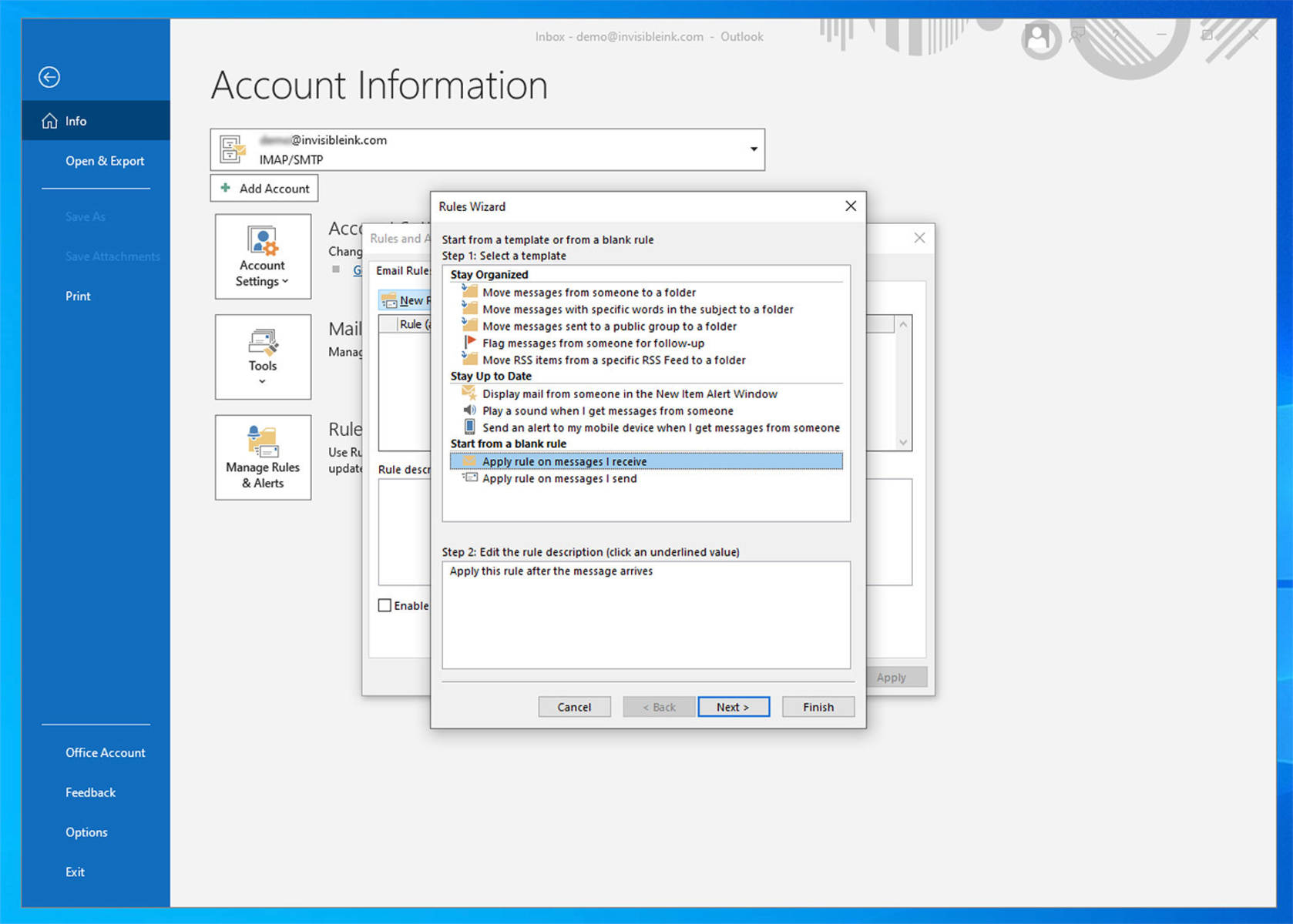 Select “Apply rule on message I receive” from the Start from a blank rule section, then click Next.