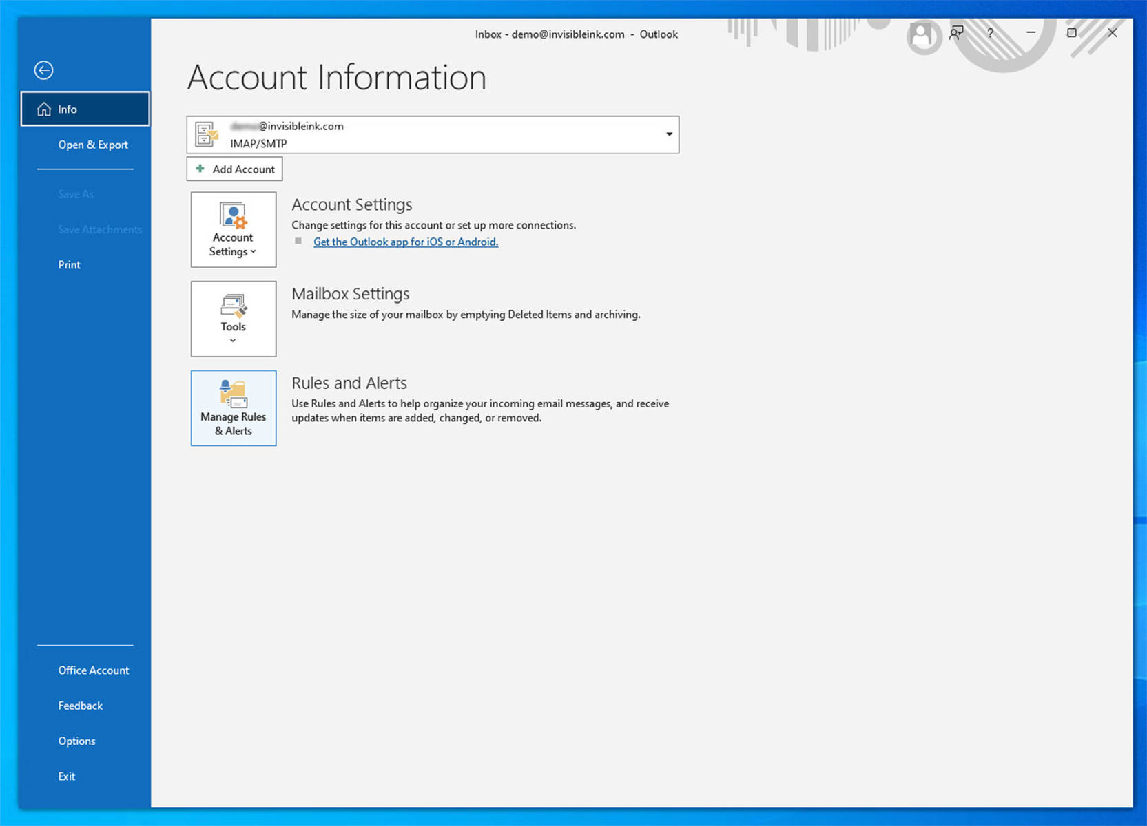 Click Info, then Manage Rules & Alerts.