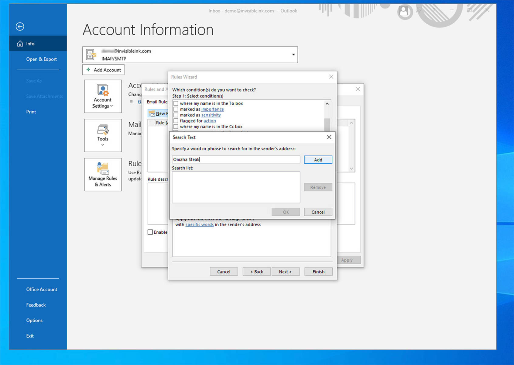 Enter each keyword or phrase in the Search Text field, then click Add. Once you have added all keywords, click OK.