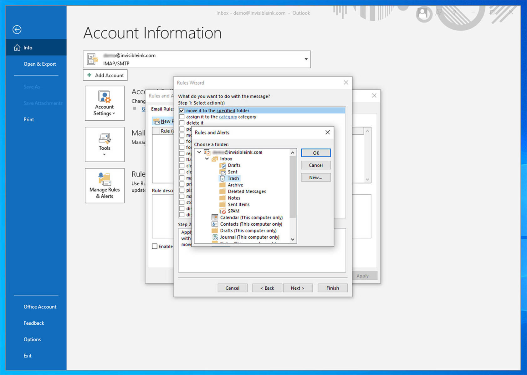 If you chose to move messages before deleting them, select the folder you want to move messages to, then click OK.