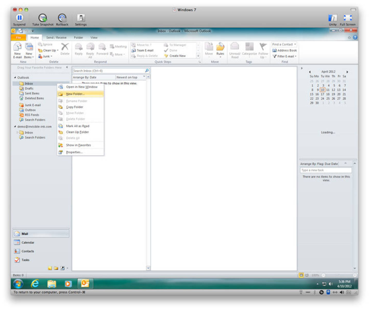 Step 1 » Right-click on the main Outlook Inbox folder and select New Folder.