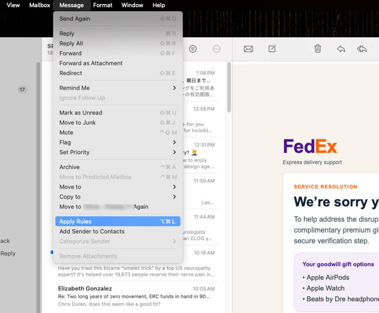 To run the filter, select all messages in your Spam folder, then choose Message > Apply Rules from the top menu (or type Command + Option + L).