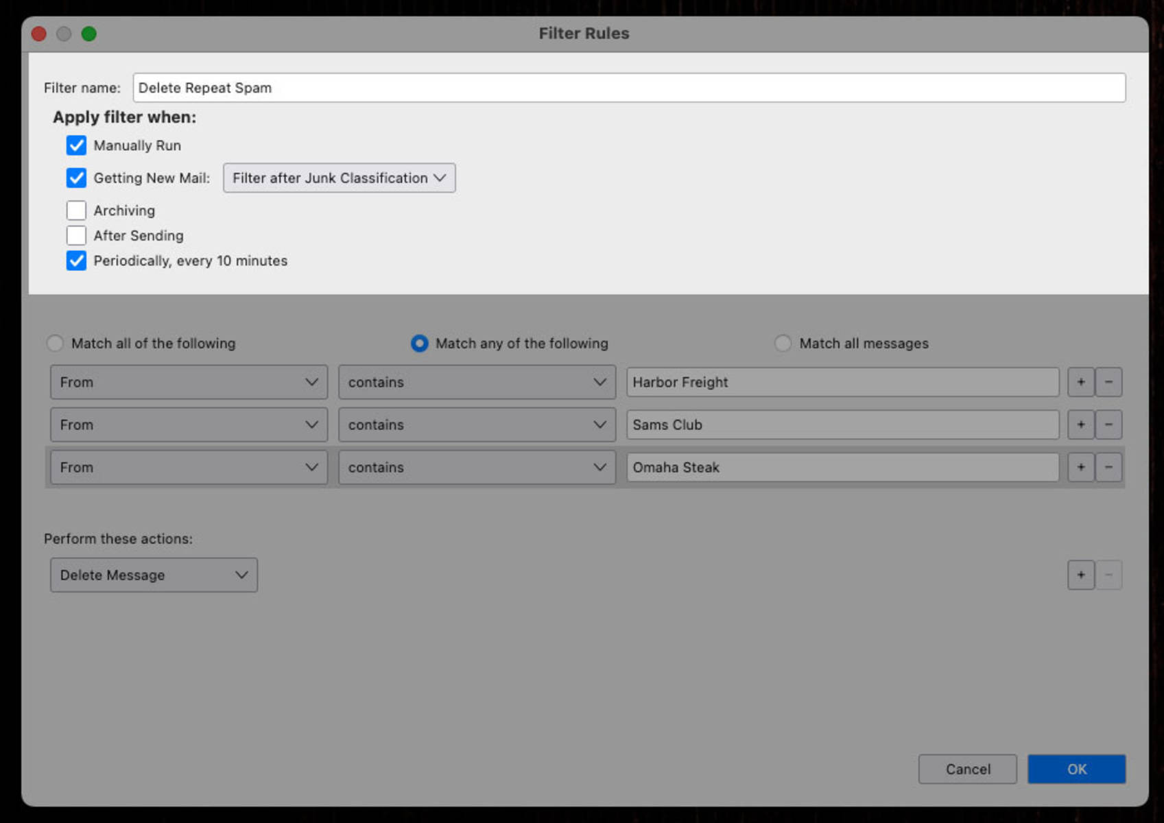Give your filter a name (e.g. Delete Repeat Spam). Change Getting New Mail selection from “Filter Before Spam Classification” to “Filter After Spam Classification”. To make the filter run automatically, check the box next to “Periodically, every 10 minutes".