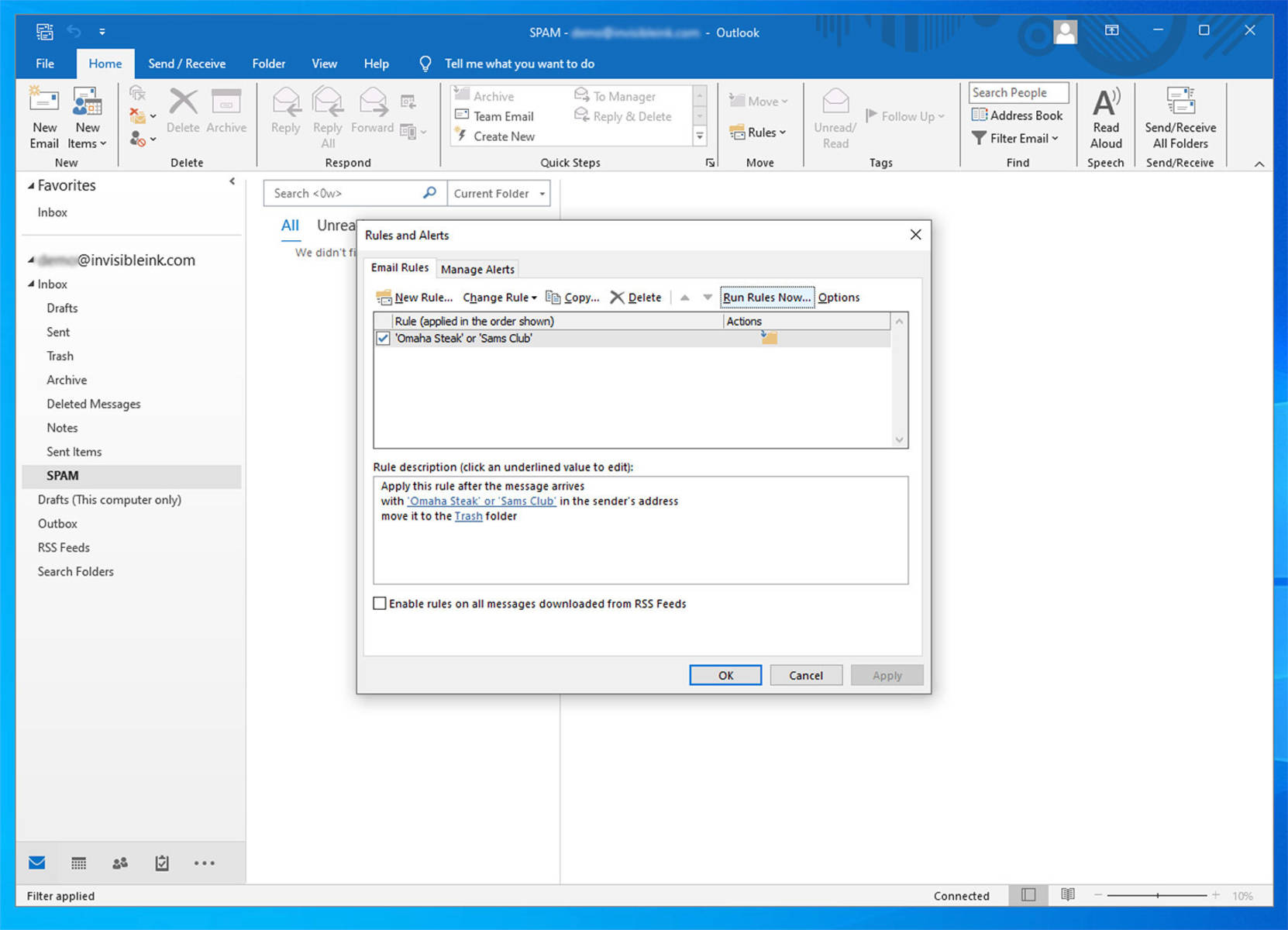 From the Home tab select Rules > Manage Rules & Alerts, then click Run Rules Now. Select the Delete Repeat Spam rule, choose Run in Folder: Spam, then click Run Now.