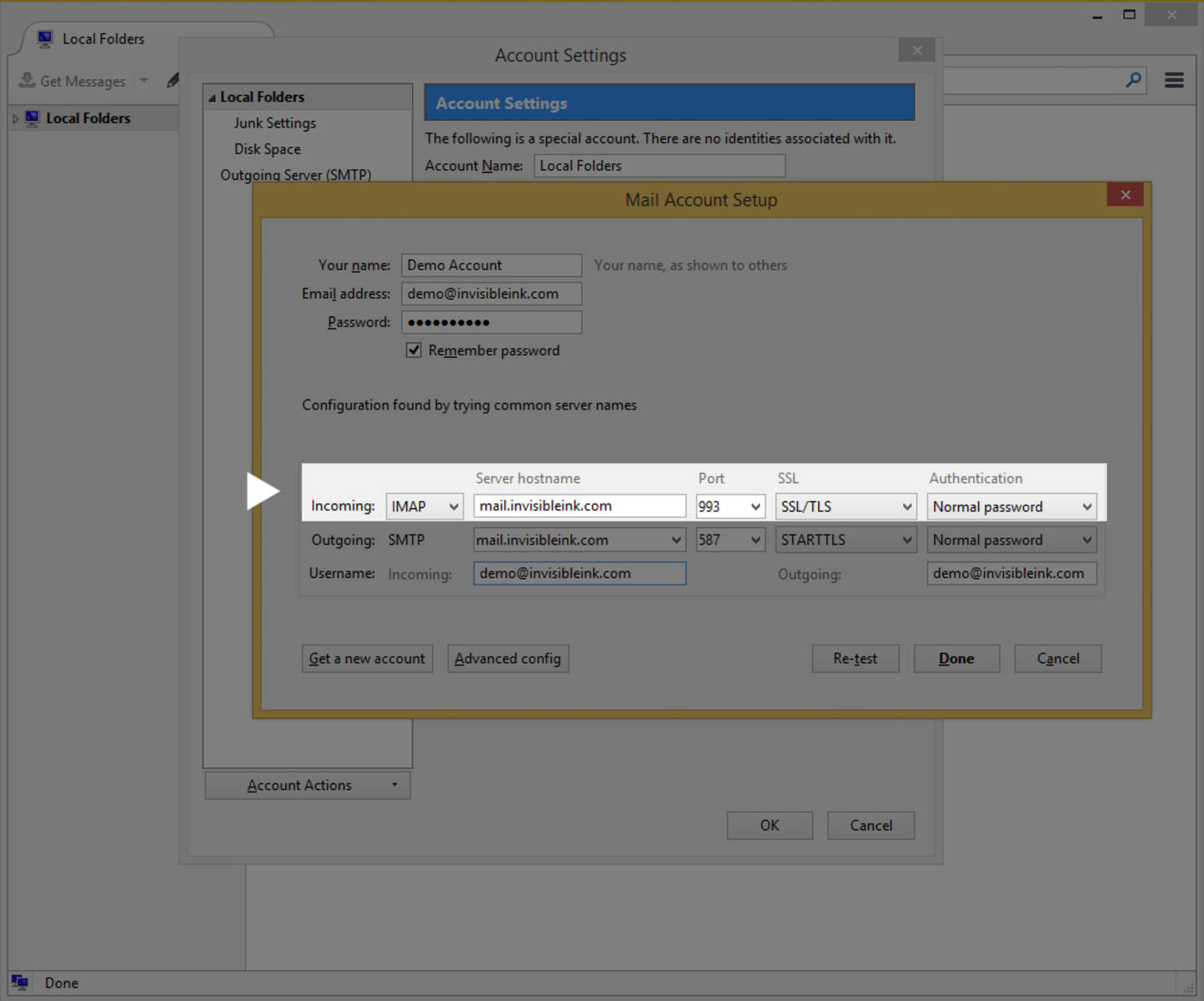 Step 5 » Type mail.invisibleink.com in the incoming server hostname field, then select SSL/TLS from the SSL drop-down menu. Authentication should be set to Normal Password.